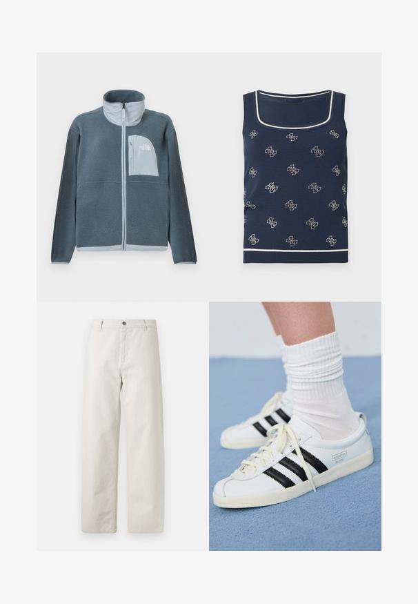 Hellblaue Fleecejacke mit durchgehendem Frontreißverschluss und Brusttasche, die auf der rechten Seite das The North Face Logo zeigt.; Marineblaues Tanktop mit weißem Besatz. Verziert mit einem sich wiederholenden Muster aus kleinen, hellen Motiven. Hergestellt aus weichem, strukturiertem Strickgewebe.; Beige weite Hose mit dezenten vertikalen Nadelstreifen, Gürtelschlaufen, Knopfverschluss und Vordertaschen.; Weiße Ledersneaker mit schwarzen Streifen, cremefarbener Sohle und hellen Schnürsenkeln. Getragen mit weißen gerippten Socken, positioniert vor einem blauen Hintergrund.