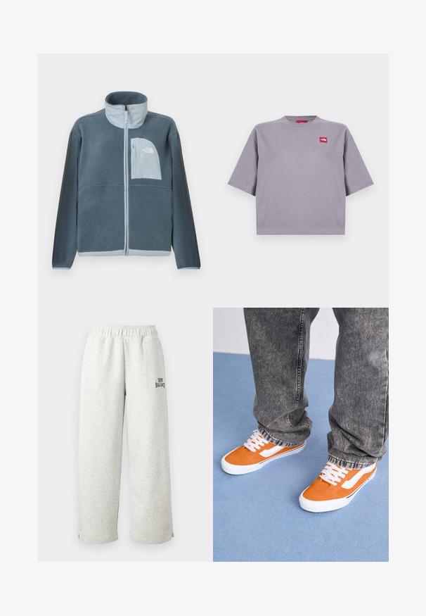 Chaqueta de forro polar azul claro con cremallera frontal completa y bolsillo en el pecho con el logo de The North Face en el lado derecho.; Camiseta de manga corta, ajuste holgado, de color gris claro, con cuello redondo y un pequeño parche de logo rectangular rojo en el lado superior izquierdo del pecho.; Pantalones deportivos gris claro hechos de material suave, con una cintura elástica y un pequeño logo negro de "New Balance" en el costado.; Zapatillas de ante naranja con rayas y cordones blancos, combinadas con jeans gris desgastado. Colocadas sobre una alfombra azul clara.