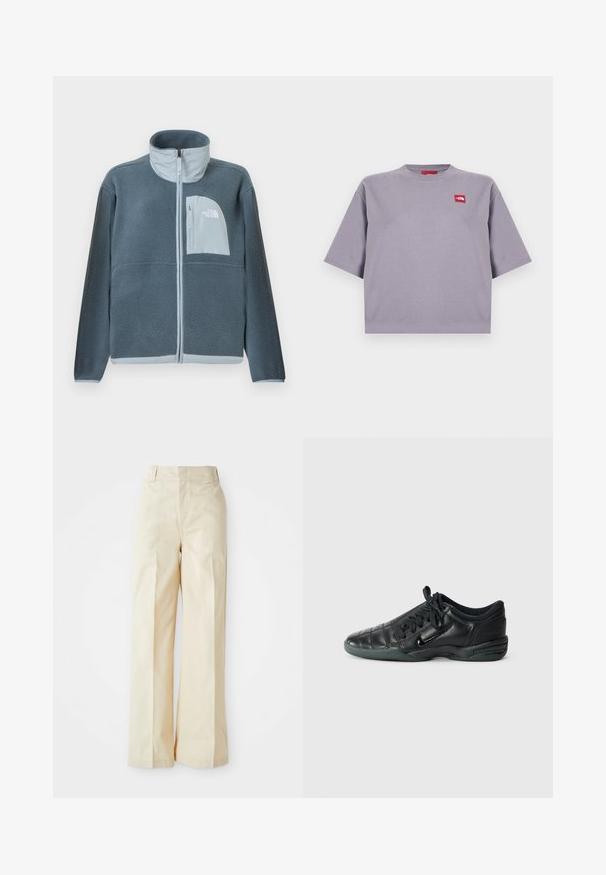 Hele sinine fliisjope, mis on varustatud täispikkuse esilukuga ja rinnataskuga, millel on paremal küljel The North Face'i logo.; Lühikeste varrukatega, lahtise lõikega helehall t-särk, ümara kaelusega ja vasaku rinna ülaosas väikese punase ristküliku kujulise logomärgiga.; Beez värvi laiad püksid kõrge vöökohaga, sujuva kangaga ja korralikult pressitud eesrihmadega, valge ühtlase tausta ees.; Must musta spordijalats, millel on kohandatud õmblustega disain, ümar varvas, kinnitusköidik ja kummitald. Küljel on peen brändimine.
