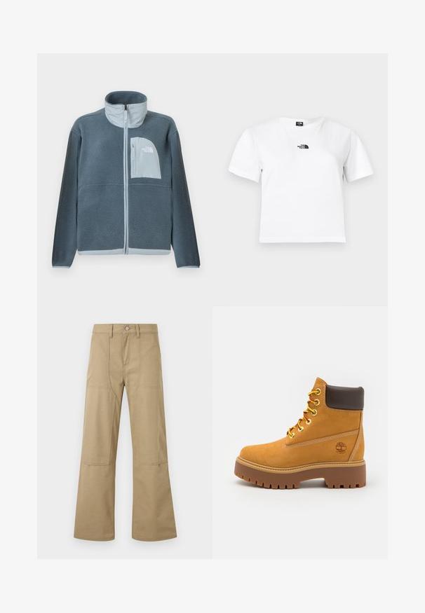 Hele sinine fliisjope, mis on varustatud täispikkuse esilukuga ja rinnataskuga, millel on paremal küljel The North Face'i logo.; Valge puuvillane lühikeste varrukatega t-särk, ümmarguse kaelusega ja must The North Facei logo rinnal. Lihtne, kaunistusteta disain.; Beežid kõrge vöökohaga laiade jalgadega püksid esipõhjade, vööaasade ja nööpkinnitusega. Lihtne, vastupidav kangas nähtavate õmblustega.; Kohandatud veekindel sääre kõrgune saabas, millel on vastupidav kummist tald, ümmargune varvas, pruun nahkne kaelus, kollased paelad ja logo küljel.