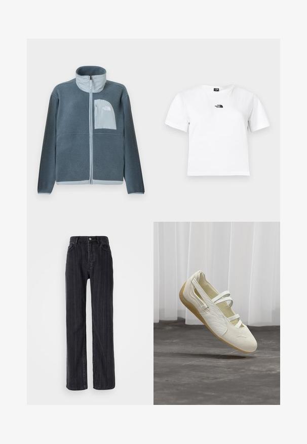 Lichtblauwe fleecejas met volledige ritssluiting aan de voorkant en een borstzakje met het The North Face-logo aan de rechterzijde.; Wit katoenen t-shirt met korte mouwen, een ronde hals en een zwart The North Face-logo op de borst. Eenvoudig, onopgesmukt ontwerp.; Hoge taille zwarte denim jeans met een verticale streepjespatroon, rechte pasvorm en een metalen knoopsluiting aan de voorkant.; Off-white Mary Jane stijl schoen met drie bandjes, getextureerde zijkanten en een lichtbruine flexibele zool zwevend boven een grijze vloer.