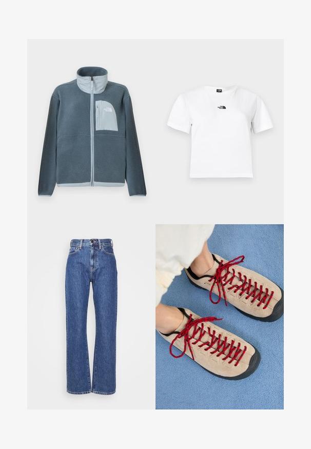 Svetlomodrá flísová bunda s plným predným zipsom a náprsným vreckom s logom The North Face na pravej strane.; Biele bavlnené tričko s krátkymi rukávmi, okrúhlym výstrihom a čiernym logom The North Face na hrudi. Jednoduchý, nenútený dizajn.; Modré riflové nohavice so širokým strihom, vysokým pásom, kontrastným šitím a klasickým dizajnom s piatimi vreckami. Textúrovaná tkanina s hladkým povrchom.; Béžové topánky s červenými šnúrkami sú položené na modrej textúrovanej ploche, pričom čiastočne odhaľujú členok osoby. Topánky majú športový dizajn.
