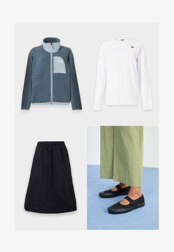 Lyseblå fleecetrøje med fuld lynlås foran og brystlomme med The North Face-logo på højre side.; Hvid langærmet T-shirt med rund hals og lille sort The North Face-logo på venstre bryst.; Sort A-formet nederdel med elastisk taljebånd og justerbar snøre, knælængde, ensfarvet design med sidelommer.; Sorte kanvas sko med rund tå, gummisål og en spænde rem. Parret med løse, lysegrønne bukser.