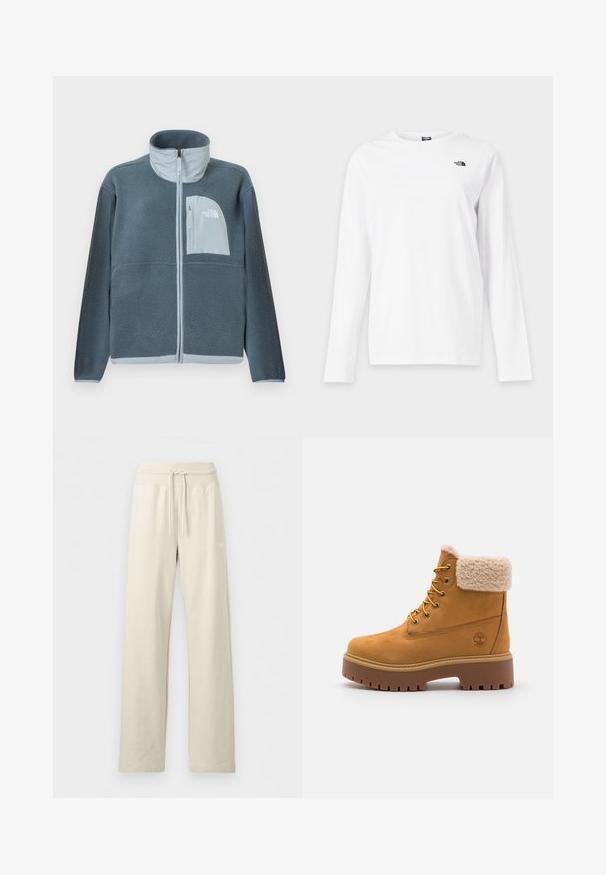Lichtblauwe fleecejas met volledige ritssluiting aan de voorkant en een borstzakje met het The North Face-logo aan de rechterzijde.; Wit shirt met lange mouwen en ronde hals met klein zwart The North Face-logo op de linkerborst.; Beige wijde joggingbroek met geribbelde tailleband met trekkoord en subtiel logo op de rechterdij, getoond op een effen achtergrond.; Tan suède laars met een nepbont kraag, gouden oogjes en een contrasterende rubberen zool. Voorzien van een logo op de zijkant en een gestructureerde loopvlak.