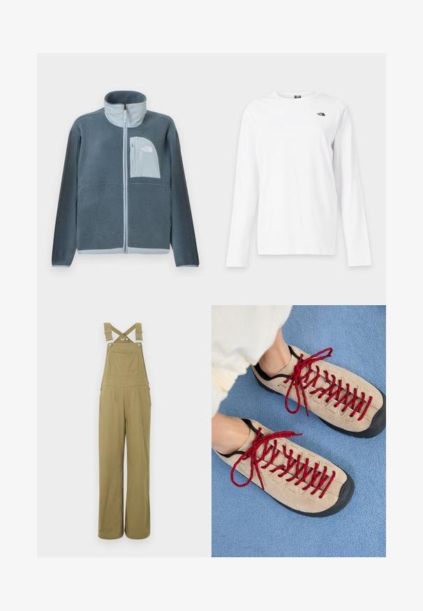 Veste en polaire bleu clair avec fermeture éclair complète à l'avant et poche poitrine arborant le logo The North Face sur le côté droit.; T-shirt blanc à manches longues avec col rond et petit logo noir The North Face sur le côté gauche de la poitrine.; Salopette à jambes larges de couleur kaki avec bretelles réglables, une poche poitrine et des boutons métalliques en accent sur un fond uni.; Des chaussures beiges avec des lacets rouges, posées sur une surface bleue texturée, révèlent partiellement la cheville d'une personne. Les chaussures ont un design sportif.