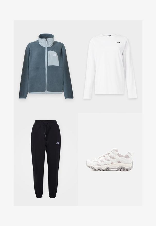 Lyseblå fleecetrøje med fuld lynlås foran og brystlomme med The North Face-logo på højre side.; Hvid langærmet T-shirt med rund hals og lille sort The North Face-logo på venstre bryst.; Sorte joggingbukser med elastisk talje og manchetter, snoretræk, sidelommer og lille hvid The North Face-logo på højre lår.; Lysegrå vandresko med tekstureret overdel, meshpaneler og gummisål. Har et markant snøresystem og Merrell-logo på siden.