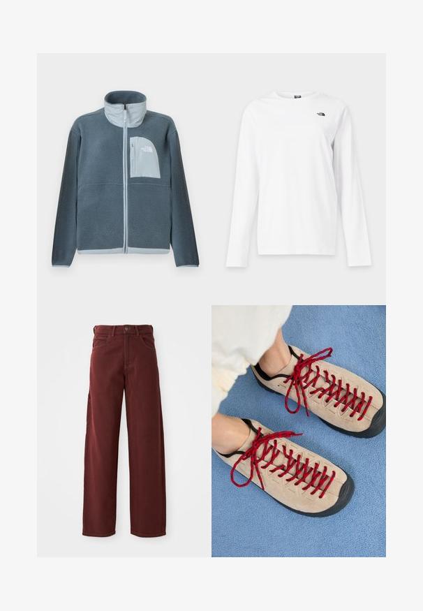 Lyseblå fleecetrøje med fuld lynlås foran og brystlomme med The North Face-logo på højre side.; Hvid langærmet T-shirt med rund hals og lille sort The North Face-logo på venstre bryst.; Mørkerøde vidde bukser lavet af bomuld med en glat tekstur, der har en frontknaplukning, bæltestropper og flere lommer.; Beige sko med røde snørebånd, placeret på en blå tekstureret overflade, delvist synliggørende en persons ankel. Skoene har et sporty design.
