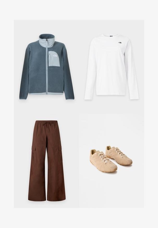 Veste en polaire bleu clair avec fermeture éclair complète à l'avant et poche poitrine arborant le logo The North Face sur le côté droit.; T-shirt blanc à manches longues avec col rond et petit logo noir The North Face sur le côté gauche de la poitrine.; Pantalon cargo marron à jambes larges avec une taille élastique, un cordon de serrage, des poches à rabat latérales et des détails à boutons-pression aux ourlets.; Baskets de sport beiges avec une tige en daim texturé, une semelle en caoutchouc courbée saillante et un système de laçage. Présente des détails en relief sur les côtés.