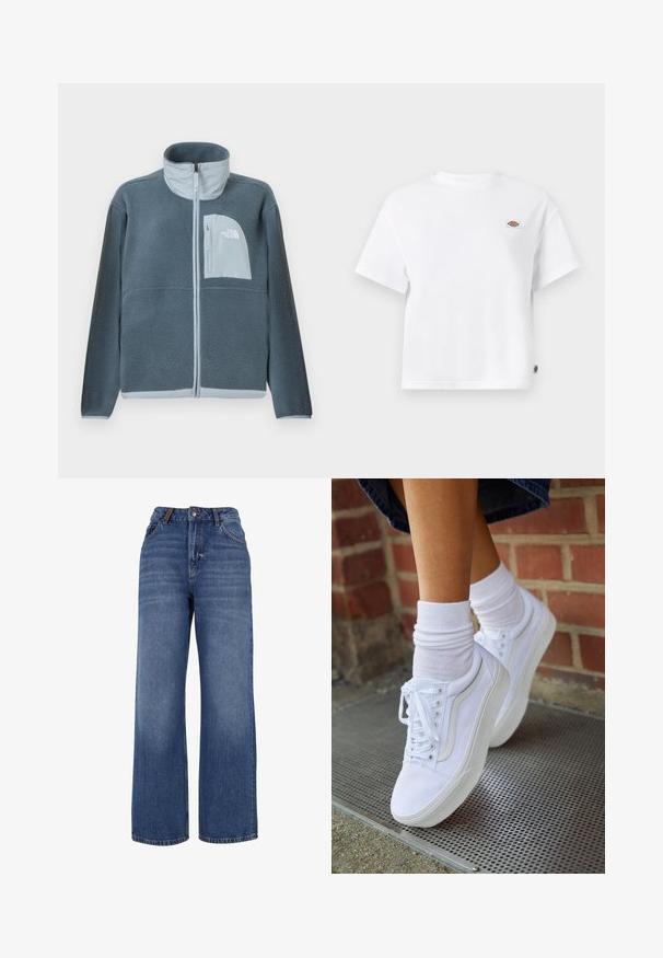 Chaqueta de forro polar azul claro con cremallera frontal completa y bolsillo en el pecho con el logo de The North Face en el lado derecho.; Camiseta blanca de algodón con un corte relajado, que presenta un pequeño parche con logo en el pecho y una etiqueta en el costado para un detalle adicional.; Pantalones vaqueros de pierna ancha hechos de tejido de algodón azul de peso medio. Presentan un diseño clásico de cinco bolsillos y una cremallera con cierre de botón.; Zapatillas de lona blancas con suelas de goma, que presentan seis ojales, puntera redonda y detalles de costura ligera, combinadas con calcetines blancos hasta el tobillo.