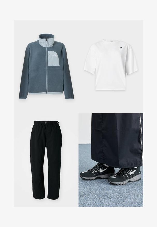 Chaqueta de forro polar azul claro con cremallera frontal completa y bolsillo en el pecho con el logo de The North Face en el lado derecho.; Camiseta blanca de manga corta y cuello redondo con el logo de The North Face en negro en el pecho izquierdo.; Pantalones ligeros negros con cinturilla elástica y cinturón ajustable. Cuentan con piernas estrechas y paneles de rodilla reforzados para mayor durabilidad.; Zapatillas deportivas negras con un upper texturizado, detalles plateados y una suela con patrón, combinadas con una prenda larga negra. Colocadas sobre una alfombra azul.