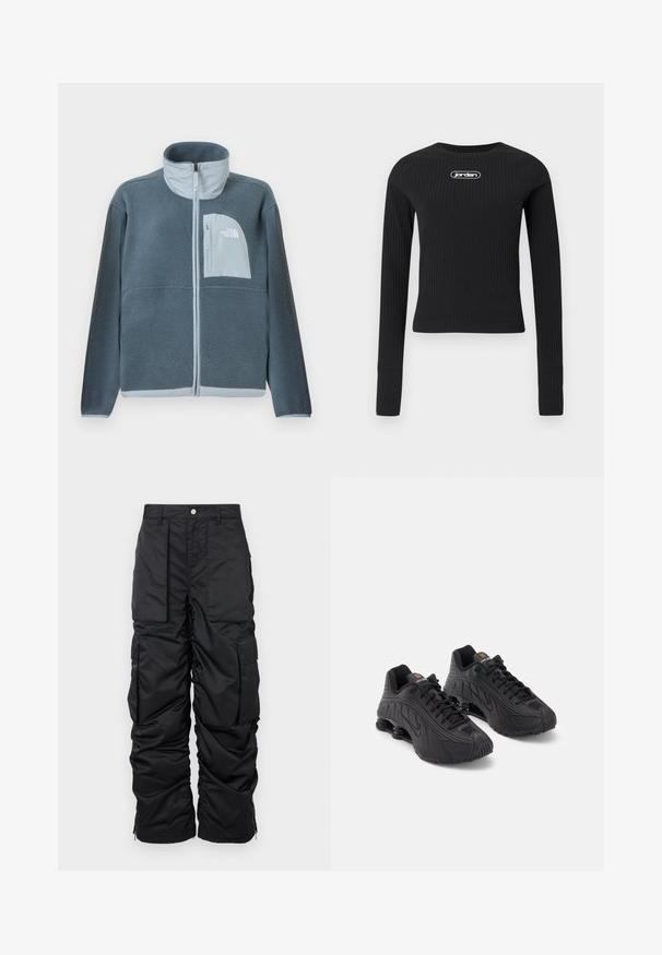 Lyseblå fleecetrøje med fuld lynlås foran og brystlomme med The North Face-logo på højre side.; Sort ribbet langærmet cropped top med rund hals og hvid "jordan" logo centreret på brystet.; Sorte isolerede cargobukser med en glat tekstur, der har flere lommer, en lynlås i kanten og en knaplukning i taljen.; Sorte atletiske sko med en glat syntetisk overdel, teksturerede detaljer, snørebåndsdesign og synlig fjederaffjedring ved hælen.