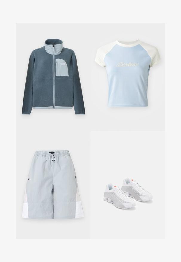 Hellblaue Fleecejacke mit durchgehendem Frontreißverschluss und Brusttasche, die auf der rechten Seite das The North Face Logo zeigt.; Hellblaues, verkürztes T-Shirt mit kurzen weißen Raglanärmeln. Vorn mit gesticktem "Dickies"-Text in dekorativem Stil.; Hellgraue Sportshorts mit weißen Seitenpaneelen, elastischem Bund und schwarzer Kordelschlaufe, dargestellt vor einem schlichten Hintergrund.; Weiße Sportschuhe mit grauen Akzenten, die eine strukturierte Oberseite, Belüftungsperforationen und eine segmentierte Ferse für Dämpfung aufweisen.