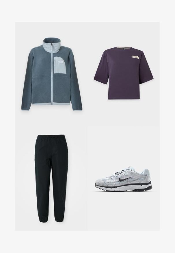 Hele sinine fliisjope, mis on varustatud täispikkuse esilukuga ja rinnataskuga, millel on paremal küljel The North Face'i logo.; Lilla lühikeste varrukatega lühendatud t-särk, millel on vasaku ülaosa rinnal väike beež The North Face'i logo.; Mustad mustad püksid, mis on valmistatud sileda kanga materjalist, omavad elastset vöökohta, paelaga reguleerimist ja külgmisi kottide taskuid. Elastsed mansetid pahkluude juures.; Nike P-6000 tenniset heleda halli võrgust pealteega, mustade aktsentidega ja vastupidava musta kummist tallaga. Omab keerukat disaini ja paeltesüsteemi.