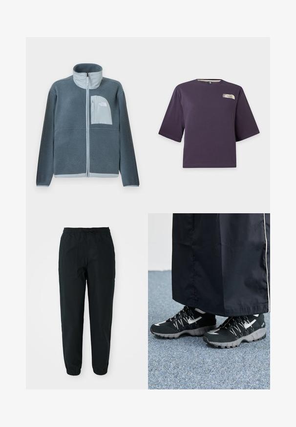 Vaaleansininen fleece-takki, jossa on koko etuosan vetoketju ja rintatasku, jossa on The North Face -logo oikealla puolella.; Violetti, lyhythihainen, lyhyt t-paita, jossa pieni beige The North Face -logo ylävasemmalla rinnassa.; Mustat kapeat housut, jotka on valmistettu sileästä kankaasta. Niissä on joustava vyötärö, naru ja sivupussit. Joustavat hihnat nilkoissa.; Mustat urheilukengät, joissa on teksturoitu päällinen, hopeiset yksityiskohdat ja kuvioitu ulkopohja, yhdistettynä mustaan pitkään vaatteeseen. Taustalla sininen matto.