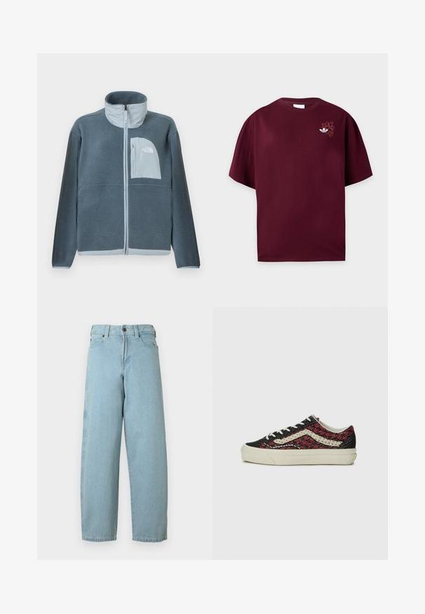 Hellblaue Fleecejacke mit durchgehendem Frontreißverschluss und Brusttasche, die auf der rechten Seite das The North Face Logo zeigt.; Maroonfarbenes T-Shirt mit kurzen Ärmeln, Rundhalsausschnitt und kleinem weißen Adidas-Logo mit Blumenstickerei auf der linken Brust.; Hellblaue Denim-Jeans mit legerer Passform, geraden Beinen, Fünf-Taschen-Design und Metallknopfverschluss am Bund.; Vans OLD SKOOL 36 UNISEX - Sneaker low - bordeaux