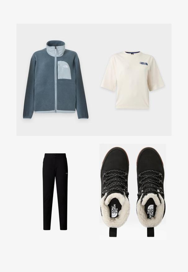 Lyseblå fleecetrøje med fuld lynlås foran og brystlomme med The North Face-logo på højre side.; Hvid T-shirt med korte ærmer med en lille blå The North Face-logo på øverste venstre bryst.; The North Face W QUEST SOFTSHELL PANTS - Bukser - tnf black; Sorte vandtætte ankelstøvler med for af faux pels, tekstureret stof, snørebånd med hvidt og sort mønster samt en løkker ved hælen.
