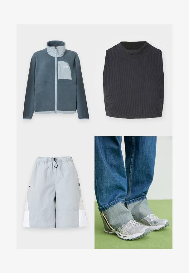 Svetlomodrá flísová bunda s plným predným zipsom a náprsným vreckom s logom The North Face na pravej strane.; Zkrátený žebrovaný top v tmavej námorníckej modri, s vysokým golierom a diskrétnym logom Nike. Tkanina má textúrovaný, elastický vzhľad.; Svetlosivé športové šortky s bielymi bočnými panelmi, elastickým pásom a čiernou šnúrkou, zobrazené na jednoduchom pozadí.; Šedé športové topánky z priedušného materiálu s bielymi akcentmi, v kombinácii s modrými rifľovými nohavicami, ktoré sú na členkoch ohnuté.