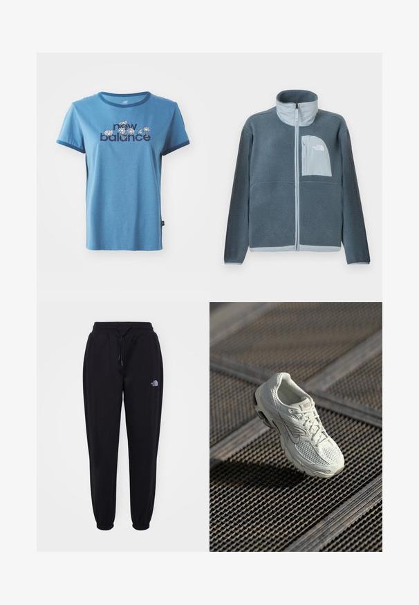 Lichtblauwe fleecejas met volledige ritssluiting aan de voorkant en een borstzakje met het The North Face-logo aan de rechterzijde.; Blauwe katoenen t-shirt met korte mouwen, marineblauwe afwerking, met "new balance" tekst en bloemenontwerpen in het wit en geel op de voorkant.; Zwarte joggingsbroek met elastische tailleband en boorden, trekkoord, zijzakken en een klein wit The North Face-logo op de rechterdij.; Witte Nike hardloopschoen met bovenwerk van mesh en synthetisch materiaal, rustend op een metalen roostervloer in zacht natuurlijk licht.