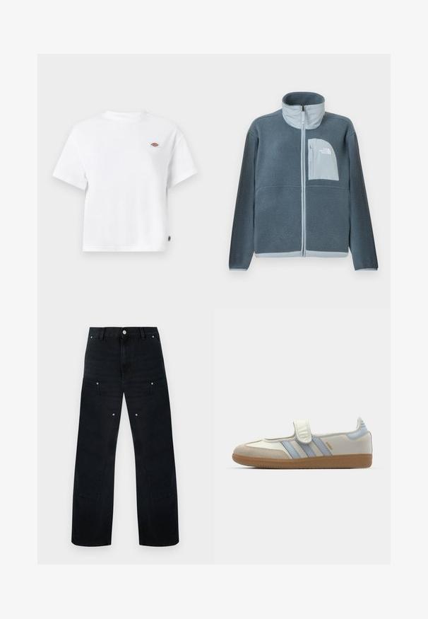 Lyseblå fleecetrøje med fuld lynlås foran og brystlomme med The North Face-logo på højre side.; Hvid bomulds t-shirt med en afslappet pasform, der har et lille logo-patch på brystet og et mærke på siden for ekstra detaljer.; Sorte denimvide bukser med høj talje, med afdæmpede syninger, to forlommer og metalhardware-detaljer.; adidas Originals SAMBA JANE BALLERINA - Ballerinasko m/ rem - cloud white/halo blue