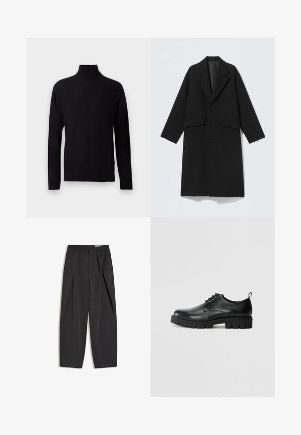 Sort lang uldfrakke med ridsede reverser, tre knapper foran og to lommer med klap, vist fladt på en lys baggrund.; Sort strikket langærmet rullekrave sweater med ribstrikkede manchetter, kant og hals, vist på en lys grå baggrund.; Sorte sorte bukser med høj talje, skræddersyede med læg, bæltestropper og lige ben, vist fladt på en hvid baggrund.; Sort læder sko med en rund tå, der har snørelukning, solid sort gummisål og en lille hælflap bagpå.