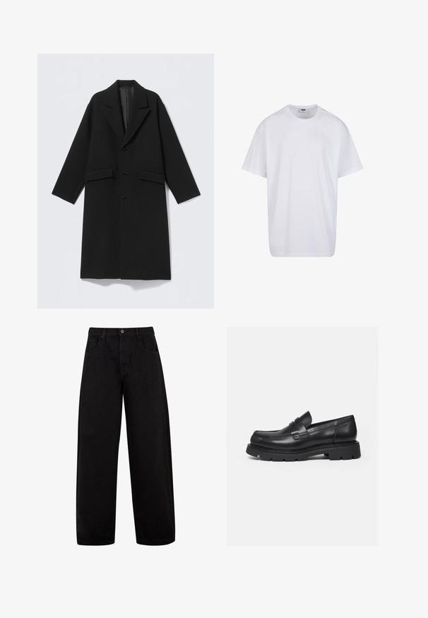 Manteau long en laine noire avec revers crantés, trois boutons sur le devant et deux poches à rabat, présenté à plat sur un fond clair.; T-shirt blanc uni en coton à manches courtes avec col rond et étiquette de taille et de marque visible à l'intérieur du col.; Jean noir à jambes larges en denim, doté de poches avant, d'une fermeture à bouton et d'un design épuré et minimal sans motifs visibles.; Mocassin en cuir noir avec semelle épaisse crantée et détail de bride penny, présenté en profil droit sur fond blanc.
