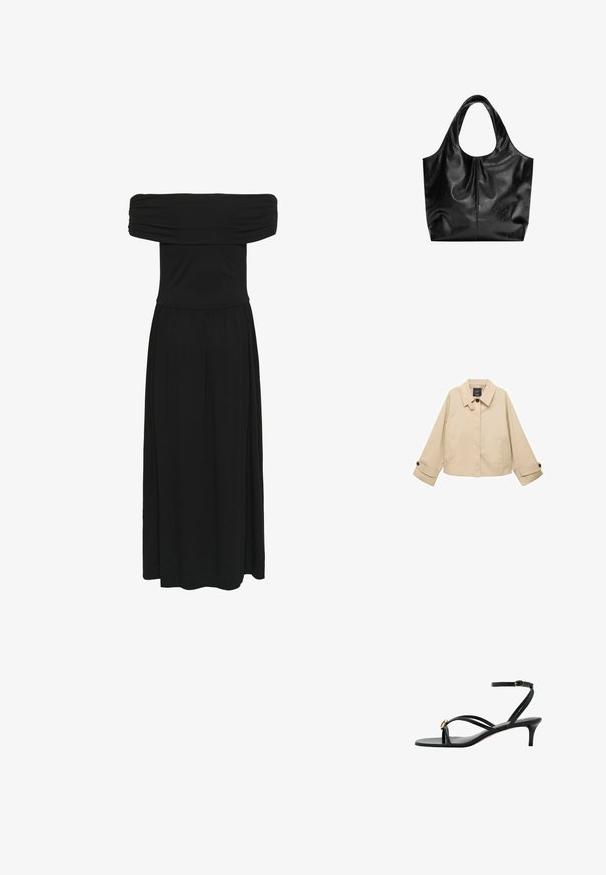 Beige cropped jakke med rund krave, to forlommer og knappede manchetter. Fremstillet af et glat, letvægtsstof.; Sort off-the-shoulder maxi-kjole med samlet bodice og flydende kjole, lavet af blødt stof med en glat tekstur og elastisk talje.; Sort sandale med remme, lav kittenhæl, ankelrem med spænde og lille gyldent dekorativt accent på frontremmen.; Sort læder tote taske med en glat overflade, en blød, afrundet top og brede håndtag. Har minimal syning og en afslappet silhuet.