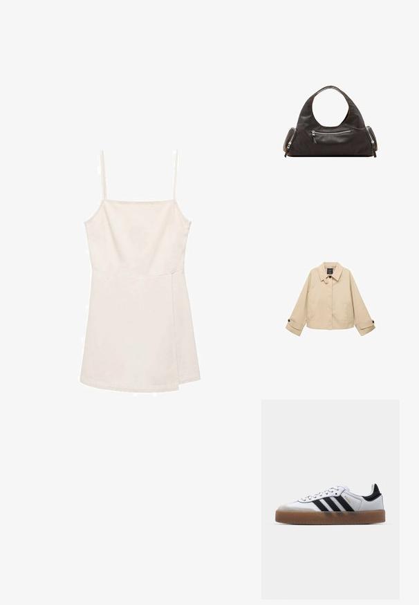 Beige cropped jacket met een ronde kraag, twee voorzakken en knoopmanchetten. Gemaakt van een zachte, lichtgewicht stof.; Lichtbeige mouwloze top met dunne bandjes, met een eenvoudig recht ontwerp en een gladde, licht glanzende textuur. Geen patronen of accenten.; Witte leren sneakers met zwarte strepen, gumrubberen buitenzool, ronde neus, vetersluiting en een zachte grijze suède neuskap.; Zwarte leren handtas met een afgeronde bovenkant handvat, twee zijvakken met ritsen en een gladde textuur. Licht slappe vormgeving.