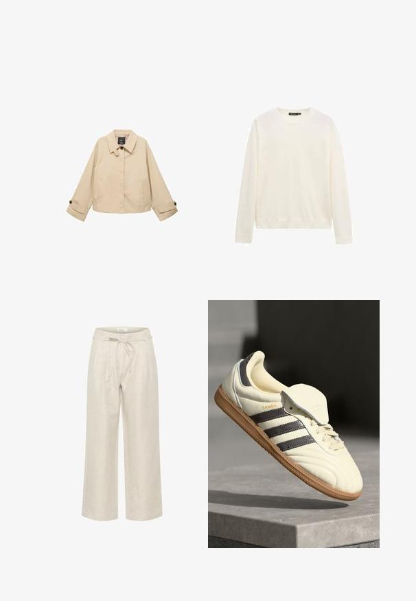 Beige cropped jakke med rund krave, to forlommer og knappede manchetter. Fremstillet af et glat, letvægtsstof.; Hvid langærmet crewneck-trøje med ribstrikkede manchetter og kant, vist mod en helt hvid baggrund.; Beige linned brede bukser med elastisk talje og frontfolder, i en glat tekstur og ankellængde.; Cremefarvede lædersneakers med tre mørke striber, en brun gummisål og en afrundet tå. Har en foldbar tunge mærket "SAMBA."