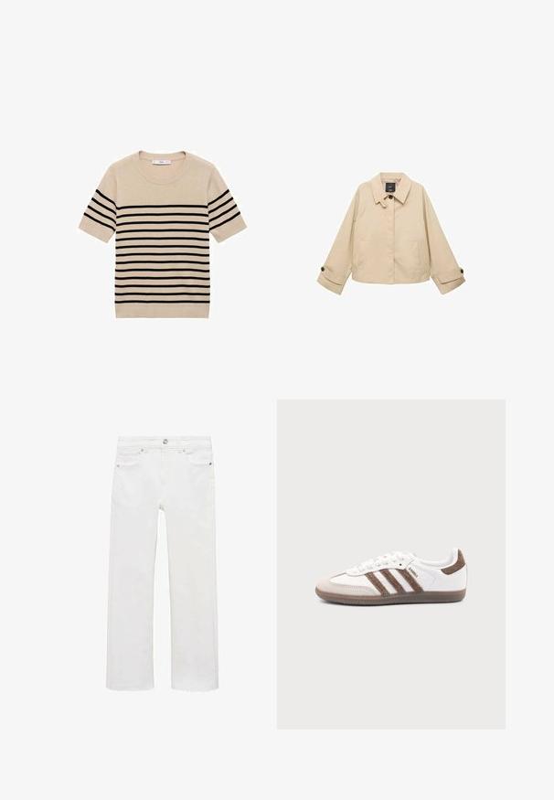 Beige cropped jacket met een ronde kraag, twee voorzakken en knoopmanchetten. Gemaakt van een zachte, lichtgewicht stof.; Beige trui met korte mouwen en zwarte horizontale strepen, ronde halslijn en gebreide textuur. Eenvoudig, klassiek ontwerp zonder extra accenten.; Witte denim jeans met een rechte pasvorm, voorzien van vijf zakken, een metalen knoopsluiting en rafelige details aan de enkels.; Witte Adidas Samba sneaker met bruine suède strepen, bruine rubberen zool en beige suède neuskap, getoond vanaf de buitenkant op een effen achtergrond.