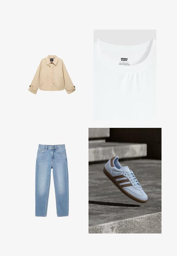 Beige cropped jacket met een ronde kraag, twee voorzakken en knoopmanchetten. Gemaakt van een zachte, lichtgewicht stof.; Wit t-shirt met ronde hals met het Levi's merkje aan de binnenkant van de kraag genaaid, gemaakt in Bangladesh.; Lichtblauwe denim jeans met een rechte snit, vijf zakken en een ritssluiting aan de voorkant. De stof vertoont een lichte vervaging en heeft een gladde textuur.; Lichtblauwe sneaker met bruine suède accenten, voorzien van drie zijstrepen, platte veters en een getextureerde gumzool. Merkembleem op de tong.
