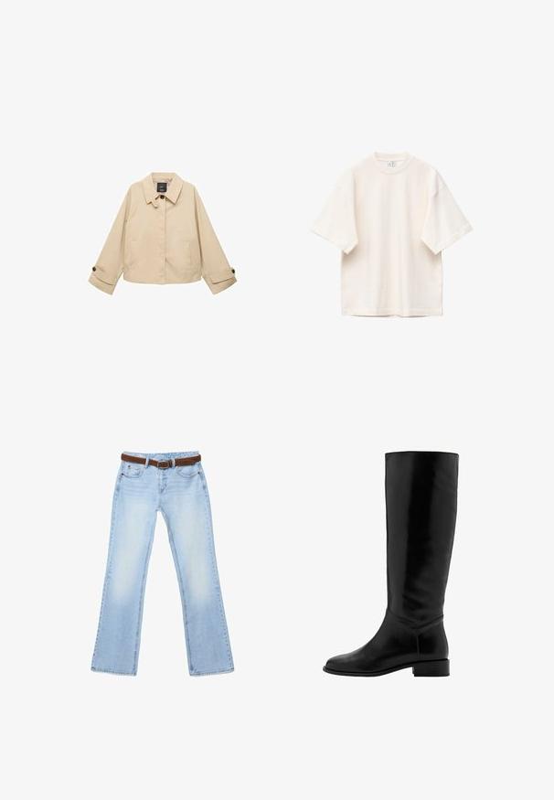 Veste beige courte avec un col rond, deux poches avant et des poignets boutonnés. Fabriquée en tissu lisse et léger.; T-shirt crème à manches courtes surdimensionné, col ras du cou, coupe ample et coutures visibles sur les manches et les épaules.; Jean bleu clair à jambe droite avec effet délavé et ceinture en cuir marron passé dans les passants, posé à plat sur un fond blanc.; Botte noire en cuir, montante jusqu'au genou, avec une texture lisse, un bout rond, un petit talon et un design minimaliste. Elle présente une tige ajustée et des accents cousus.