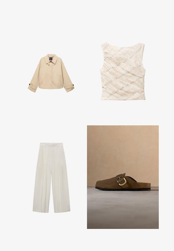 Beige cropped jakke med rund krave, to forlommer og knappede manchetter. Fremstillet af et glat, letvægtsstof.; Ærmeløs beige top med subtilt diagonalt og lodret ternet mønster, let rynket stof og bred halsudskæring.; Bredde bukser i lys beige med lodrette hvide striber. Har høj talje, plisseret front og glat tekstur.; Brun ruskind slip-on sko med bred rem og gulddetalje med spænde, med en struktureret sort sål, placeret over et flettet tæppe.