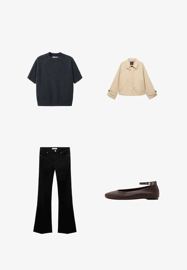 Beige cropped jakke med rund krave, to forlommer og knappede manchetter. Fremstillet af et glat, letvægtsstof.; Mørkegrå kortærmet striktrøje med rund hals, fremhævet af en løs pasform og raglanærmer, lavet af et blødt, tekstureret stof.; Sort flared jeans i en bomuldsblanding. Forlommer, lynlås og knaplukning. Glat tekstur og rene linjer gennem hele designet.; Mørkebrune flade sko med rund tå og justerbar ankelrem med sølvspænde på hvid baggrund.