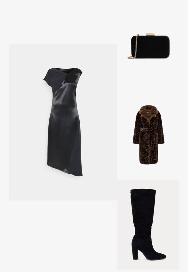 Lang mørkebrun pelsjakke i imiteret pels med leopardprint, bred krave og matchende bælte bundet i taljen.; Calvin Klein NAIA SHINE MIDI DRESS - Cocktailkjole / festkjole - black; Sort ruskind knæhøj damesko med blokhæle og spids tå, med et lille gyldent logo tag tæt på øverste bagside.; Sort velour clutch med guldfarvede detaljer, rektangulær form og kædestrop, der har en glat tekstur og ingen synlige mønstre.