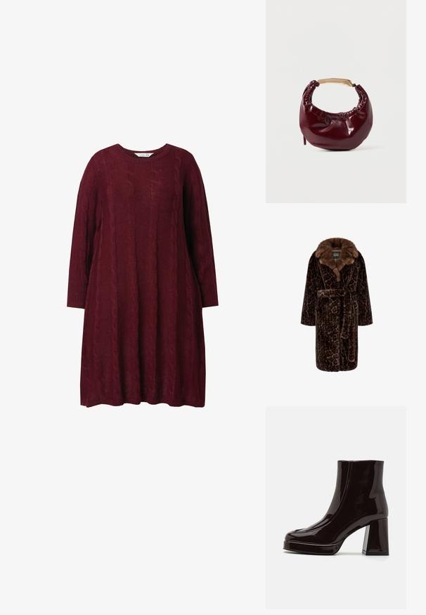Abrigo largo de piel sintética marrón oscuro con estampado de leopardo, cuello ancho y cinturón a juego atado a la cintura.; Vestido de punto burdeos con cuello redondo, mangas largas y patrón de trenzado. Corte holgado, con puños y dobladillo de canalé.; Botín de cuero charol negro brillante con un grueso tacón cuadrado, punta redondeada y textura suave. Cuenta con una cremallera lateral para facilitar su uso.; Bolso de mano de piel sintética burdeos con forma redondeada, detalles fruncidos y un asa de metal dorado. Textura suave y acabado brillante.