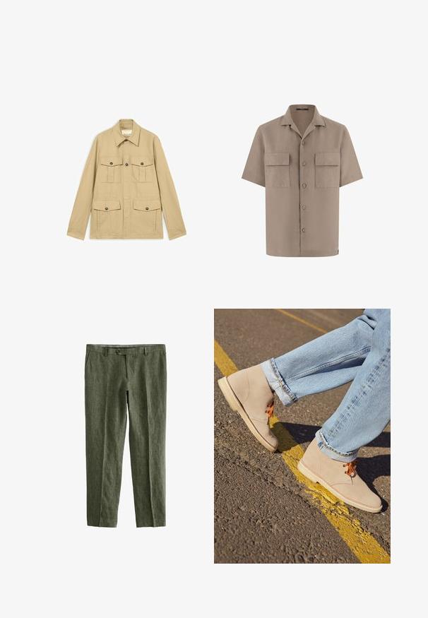 Beige letvægtsjakke med fire lommer med knapper og klap, lange ærmer og en spids krave.; Beige kortærmet skjorte med knapper, to frontlommer med klap og en spredt krave, vist på hvid baggrund.; Next SIGNATURE - REGULAR FIT - Bukser - olive green; Beige ruskind ankelstøvler med orange snørebånd, rund tå og en let gummisål, parret med opfoldede lyseblå denimjeans.