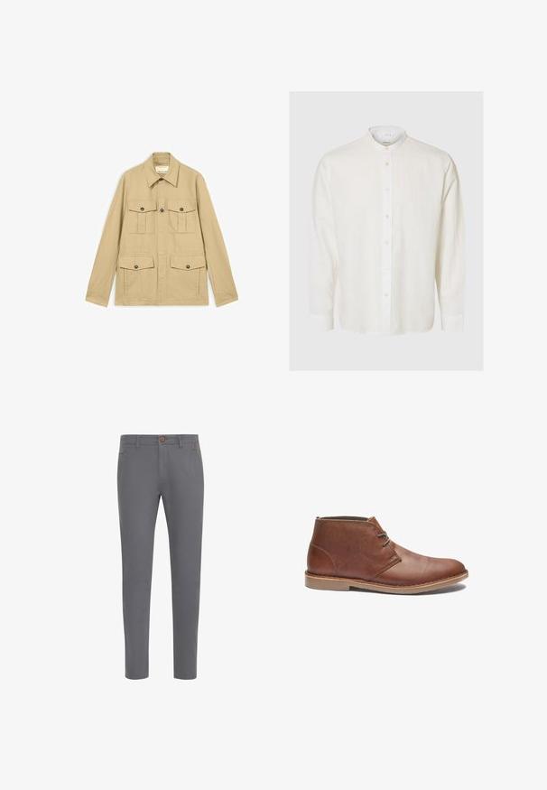 Chaqueta ligera beige con cuatro bolsillos con solapa abotonados, mangas largas y cuello puntiagudo.; Camisa blanca de lino de manga larga con cuello mandarín y botones frontales de color perla, mostrada sobre un fondo claro y liso.; Pantalones de algodón grises con un diseño ajustado, que cuentan con un cierre de botón, bolsillos estándar y una textura suave.; Botas de cuero marrón hasta el tobillo con un diseño elegante, que cuentan con un lace sencillo, punta redondeada y suela de goma. Textura suave con acentos cosidos.