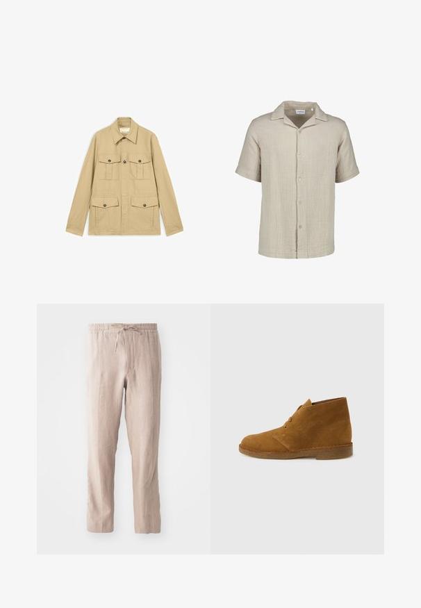 Beige letvægtsjakke med fire lommer med knapper og klap, lange ærmer og en spids krave.; Beige kortærmet skjorte med knapper, tekstureret stof og en afslappet åben krave.; Beige linnedbukser med elastisk talje og snor. Lige ben design med en blød tekstur og minimalistisk stil.; Brun ruskinds ørkenstøvle, ankelhøj, med to snørehuller og crepesål på ensartet lysegrå baggrund.
