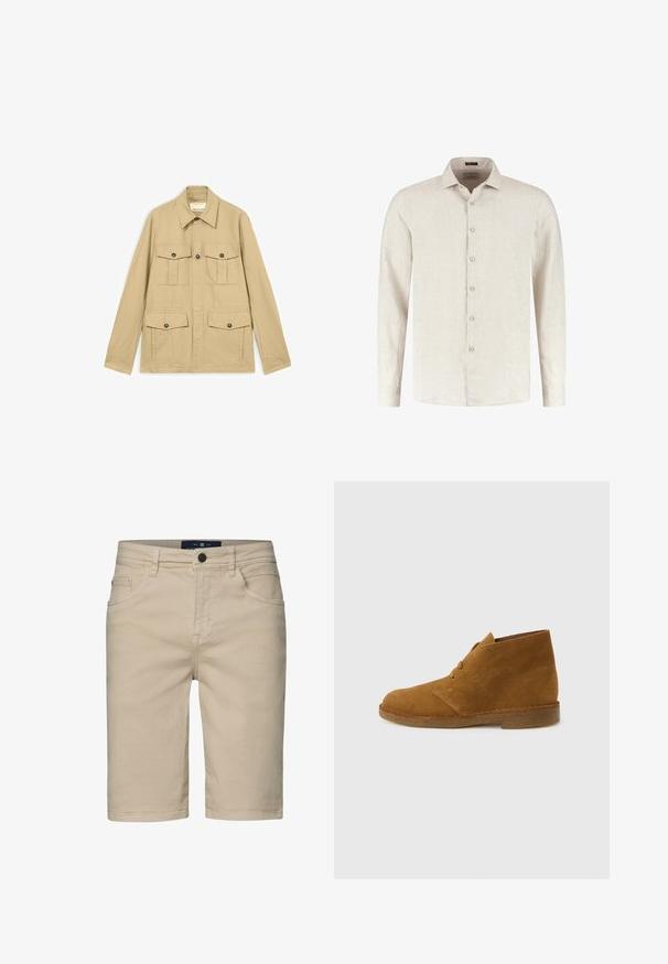 Beige leichte Jacke mit vier aufgesetzten Taschen mit Knöpfen, langen Ärmeln und spitzem Kragen.; Beiges langärmeliges Hemd mit Knopfleiste, spitzem Kragen und strukturiertem Stoff, auf weißem Hintergrund dargestellt.; Beige Denim-Shorts mit geradem Schnitt, fünf Taschen, einem Knopfverschluss und genähten Details. Glatte Textur und knielanges Design.; Brauner Wildleder-Wüstenstiefel, knöchelhoch, mit zwei Ösen und Krepsohle auf schlichtem hellgrauem Hintergrund.