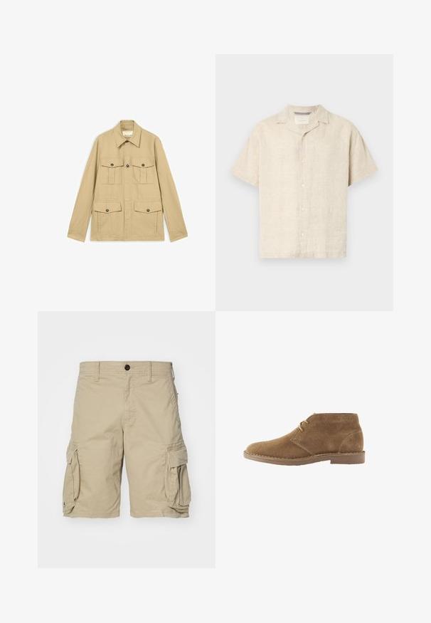 Chaqueta ligera beige con cuatro bolsillos con solapa abotonados, mangas largas y cuello puntiagudo.; Camisa de lino de color beige claro, de manga corta y con botones, que presenta un cuello tipo camp, líneas limpias y una textura sutil, con cinco botones en la parte delantera.; Pantalones cortos de carga beige, fabricados en tejido de algodón, con bolsillos laterales, cierre de botón y un diseño de corte recto. Textura suave.; Zapato casual marrón de ante hasta el tobillo con dos ojales para cordones y suela cosida sobre fondo blanco, vista lateral.