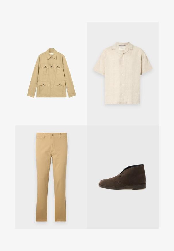 Beige leichte Jacke mit vier aufgesetzten Taschen mit Knöpfen, langen Ärmeln und spitzem Kragen.; Helles beige Kurzarm-Hemd mit Knopfleiste aus Leinen, das einen Camp-Kragen, klare Linien und eine subtile Textur aufweist, mit fünf Frontknöpfen.; Khakihosen aus Baumwolle, mit geradem Bein, Fronttaschen, Knopfverschluss und subtilem Stoffmuster.; Brauner Ankle-Boot aus Wildleder mit zwei Ösen, niedrigem Absatz und genähter Sohle vor einfachem hellgrauem Hintergrund.