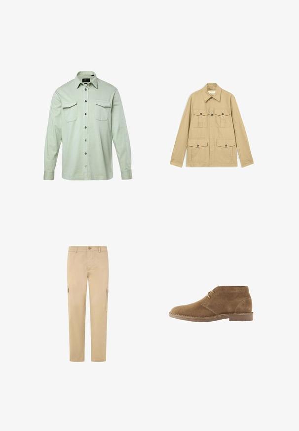 Beige letvægtsjakke med fire lommer med knapper og klap, lange ærmer og en spids krave.; Lys grøn langærmet skjorte med knapfront, to brystlommer og sorte knapper. Fremstillet af tekstureret stof, med foldet krave og manchetter.; Beige cargo bukser lavet af bomuld, med lige ben, to sidelommer og en knaplukning i taljen. Glat tekstur.; Brun ruskind ankelhøj afslappet sko med to snørehuller og syet sål på hvid baggrund, set fra siden.
