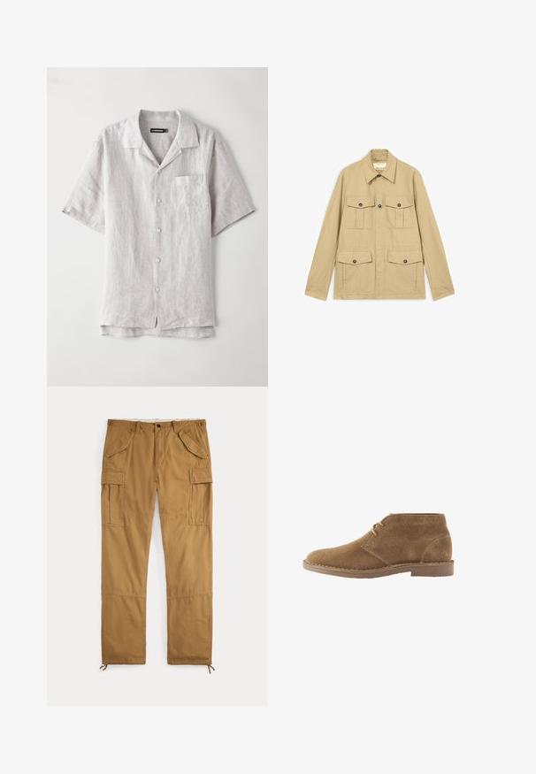 Beige letvægtsjakke med fire lommer med knapper og klap, lange ærmer og en spids krave.; Kortærmet, lys grå linskjorte med spids krave, brystlomme og fire knapper ned langs midten. Glat tekstur, afslappet pasform.; Brune cargobukser med knaplukning, bæltestropper, klaplommer på lårene og snore ved ankelmanchetterne, lagt fladt på en hvid baggrund.; Brun ruskind ankelhøj afslappet sko med to snørehuller og syet sål på hvid baggrund, set fra siden.