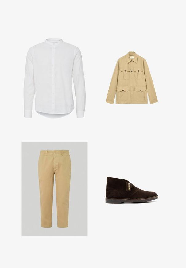 Veste légère beige avec quatre poches à rabat boutonnées, manches longues et col pointu.; Chemise blanche à manches longues avec un col mandarin, bouton sur le devant et un ourlet légèrement incurvé. Fabriquée en lin léger.; Chinos beige avec une coupe droite, dotés d'une fermeture à bouton à l'avant, de passants de ceinture et d'un tissu en coton doux. Longueur cropped.; Bottine en daim marron avec un bout arrondi, maintenue par des lacets. Dispose d'une étiquette de marque et d'une semelle en caoutchouc plate avec des détails de coutures discrètes.