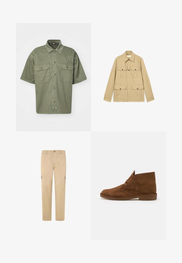 Chaqueta ligera beige con cuatro bolsillos con solapa abotonados, mangas largas y cuello puntiagudo.; Camisa de manga corta de color verde oliva, hecha de un tejido texturizado, con cuello tipo polo, dos bolsillos frontales y una pequeña etiqueta de marca en el dobladillo.; Pantalones cargo beige de algodón, con pierna recta, dos bolsillos laterales y cierre de botón en la cintura. Textura suave.; Botas de ante marrón hasta el tobillo con punta redondeada, costuras mínimas, una lengüeta corta y suela de goma para tracción.