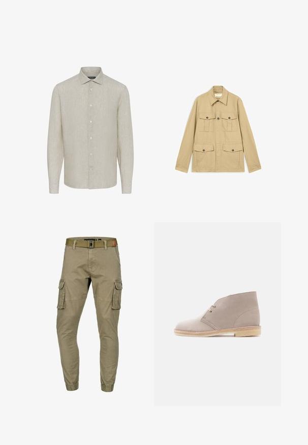Beige leichte Jacke mit vier aufgesetzten Taschen mit Knöpfen, langen Ärmeln und spitzem Kragen.; Helles beige Langarmhemd aus Leinen mit schlichter Struktur, spitzem Kragen und sechs Knöpfen vorne, mit Knopfmanschetten.; Beige Cargohose mit elastischen Bündchen, seitlichen Klappentaschen, vorderen Taschen und einem olivgrünen Stoffgürtel mit Metallschnalle.; Beiger Wildleder-Stiefelette mit Zwei-Ösen-Schnürung, Kreppsohle und niedrigem gestapeltem Absatz, seitlich auf einfarbigem Hintergrund gezeigt.
