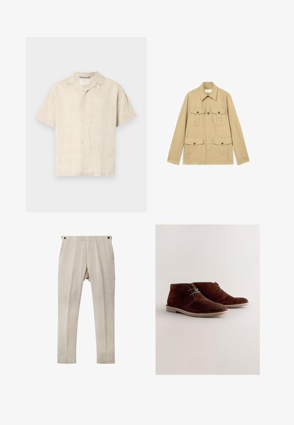 Beige letvægtsjakke med fire lommer med knapper og klap, lange ærmer og en spids krave.; Lys beige kortærmet skjorte med knapper lavet af hør, med en camp krave, rene linjer og subtil tekstur, med fem forreste knapper.; Beige linnedragt med lige snit, der har to sidelommer og sorte knapdetaljer ved taljen. Glat, let tekstur.; Brune ruskindsankelstøvler med rundet tå, grå snørebånd og lysfarvet gummisål. Simpelt design med syningsdetaljer.
