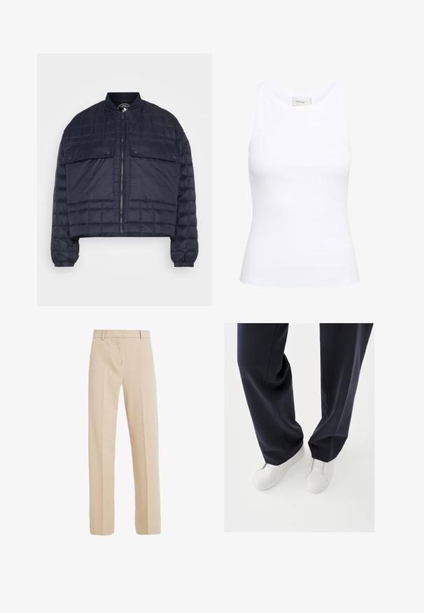 Marineblauer Pufferjacke mit cropped Design, ausgestattet mit horizontalen gesteppten Paneelen, rippendem Kragen, Reißverschluss und zwei vorderen Klappentaschen.; Weißes, geripptes Tanktop mit Rundhalsausschnitt und ohne Ärmel. Elastisches Material und figurbetontes Design. Das Etikett auf der Rückseite trägt die Aufschrift "GESTUZ."; Beige maßgeschneiderte Hose aus glattem Stoff, mit geradem Beinanschnitt, seitlichen Taschen und Bügelfalten auf der Vorderseite.; Weiße Sneakers mit strukturierten Gummisohlen und flachen Schnürsenkeln, kombiniert mit dunkeln, marineblauen Hosen aus lockerem, glattem Stoff und maßgeschneiderter Passform.