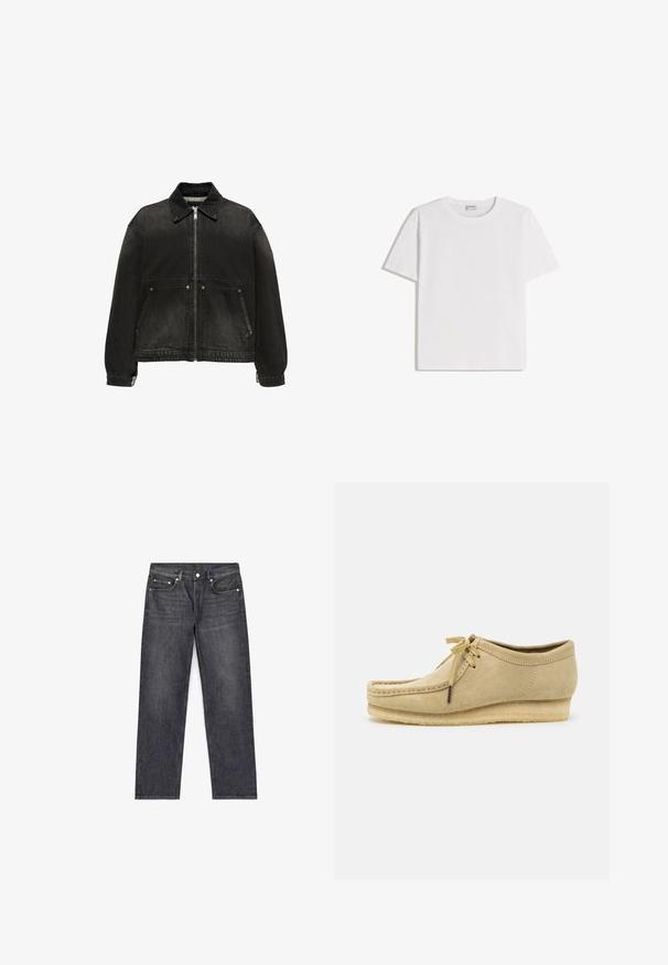 Veste en jean noire avec fermeture éclair frontale, deux poches inclinées avec boutons, manches longues et col classique.; T-shirt en coton blanc avec un col rond et des manches courtes. Présente une coupe classique et carrée, sans motifs ni accents visibles.; Jean en denim gris foncé avec coupe droite, cinq poches, bouton supérieur et légère décoloration au niveau des cuisses. Design épuré, sans ornements.; Chaussure en daim beige avec un design à lacets, des détails cousus et une semelle en caoutchouc. La forme est décontractée avec un léger talon compensé.