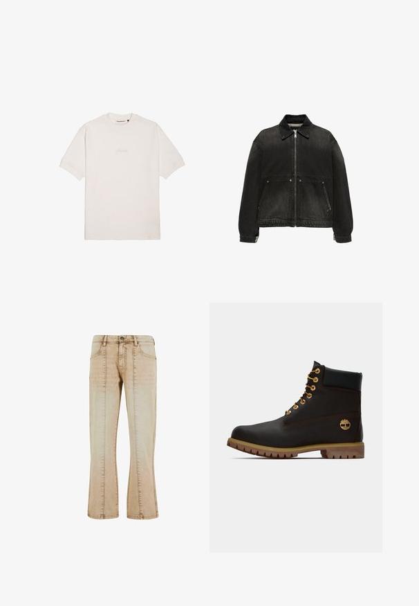 Veste en jean noire avec fermeture éclair frontale, deux poches inclinées avec boutons, manches longues et col classique.; T-shirt blanc à manches courtes en coton doux, avec un logo de marque subtilement gaufré sur la poitrine et un col rond classique.; Jean beige taille haute à jambes droites avec poches avant, passants de ceinture, fermeture boutonnée et détails de coutures discrètes sur les jambes.; Bottine noire en cuir avec œillets dorés, accents marron et semelle en caoutchouc. Comprend un col rembourré et un logo estampé sur le côté.